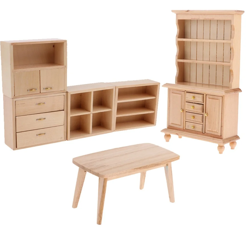 

1/12 Dollhouse Miniature Furniture Unpainted Bookshelf Cabinet End Table Set for Living Room Study Room Decor