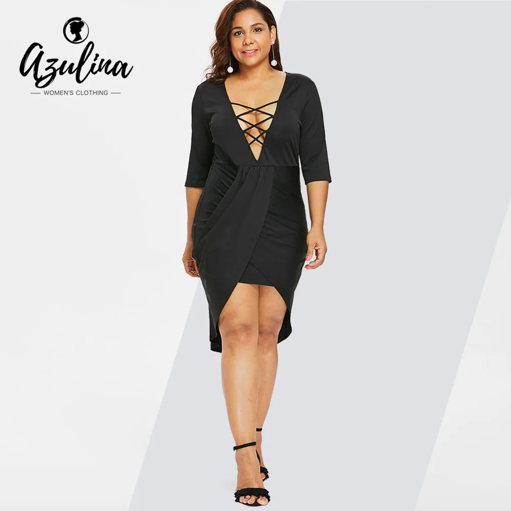 

Rosegal Plus Size Criss-Cross Sexy Plunging Neck Bodycon Dress Women High Waist Sheath Dress Black Summer Club Dresses Vestido