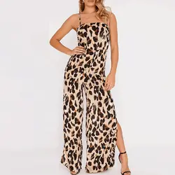 Для женщин комбинезон летние элегантные широкие брюки Разделение комбинезоны пляжные костюмы Повседневное Leopard Клубная одежда вечерние