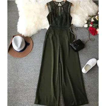 

2019 Summer Women Solid Jumpsuits Sexy Fashion High Waist Lace Wide Leg Jumpsuit Loose Long Casual Rompers