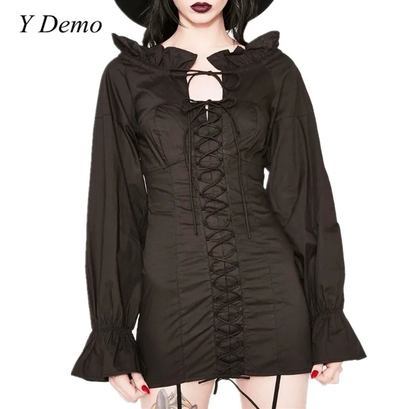 

Gothic Women Slash Neck Pleated Dress Sexy Lace Petal Sleeve Mini Dresses