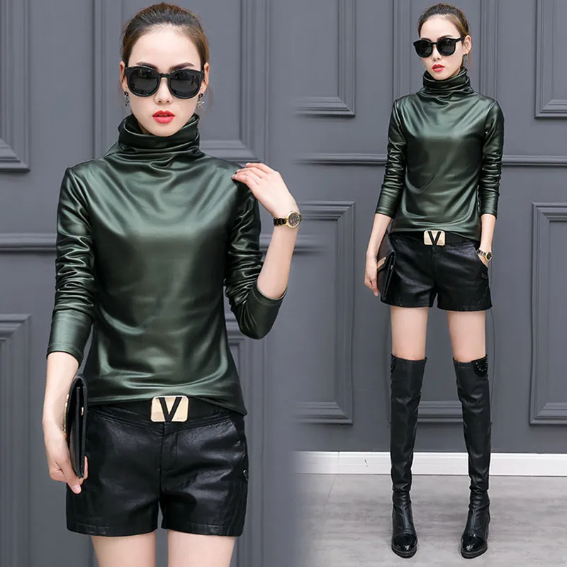Осенне зимняя модная теплая кожаная куртка с высоким воротником женское