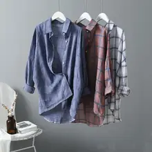 Qiukichonson Plaid Casual Blouse Women Low High Design Spring Atumn Ladies Tops Long Sleeve Blouse Plus Size Women Shirts цена Qiukichonson Plaid Casual Blouse Women Low High Design Spring Atumn Ladies Tops Long Sleeve Blouse Plus Size Women Shirts цены онлайн