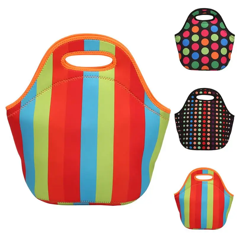 Симпатичные неопреновые термоизолированные сумки для обеда для взрослых, сумка-холодильник в разноцветный горошек для обеда, сумка-тоут для детей, сумка для обеда
