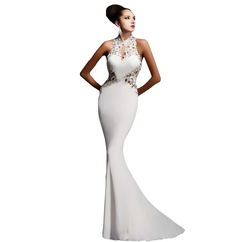 

2019 New Arrival Evening Party Dress Women Lace Stitching Sexy Hollow Out Beach Dresses Sleeveless Backless Fishtail Maxi Dress