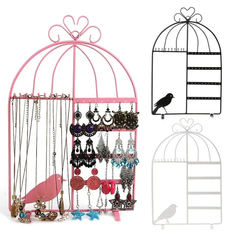 

Iron Wall Jewelry Earring Organizer Hanging Holder Necklace Display Stand Rack Red White Pink Cute Bird Stand Display Organizer