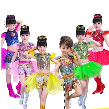

Kids Sequined Ballroom Jazz Hip Hop Stage wear Performance Costumes Clothes Top Shirt Shorts Girl Boy Stage wear Dance Outfits