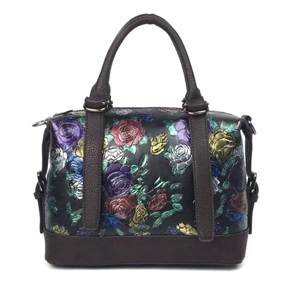 

Real Cowhide Messenger Top Handle Bags Embossed Rose Pattern Handbag Retro Genuine Leather Crossbody Shoulder Tote Women Bag