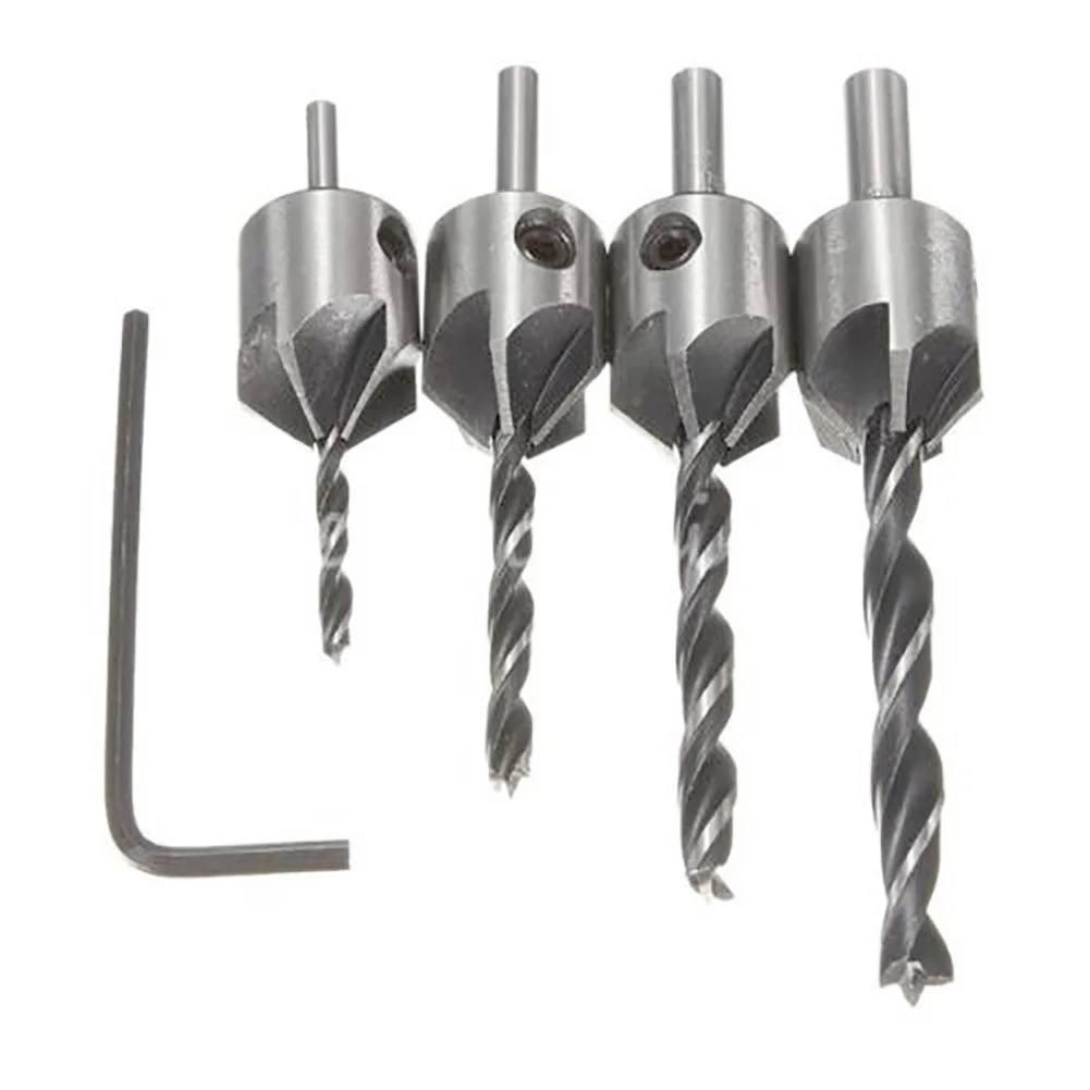 4Pcs Drills Countersink Drill Bit Set Three Tips Countersunk Head Woodworking Chamfering Device High Quality With Allen Wrench