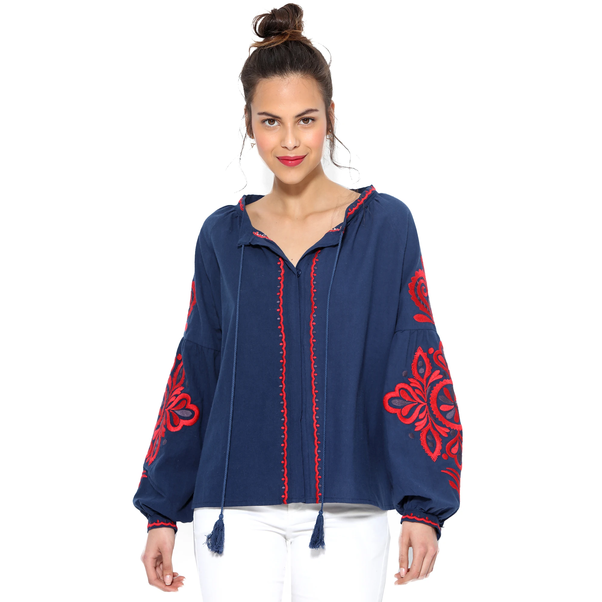 Long sleeved blouse with ties and tassels 014242 Blouse WOMAN WOMEN