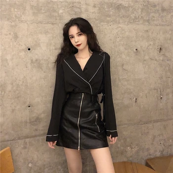 

Lychee Girls Zipper Empire Waist Women Mini PU Skirts Solid Color Sexy Short Skirts Spring Autumn Club Black Skirts Bottom
