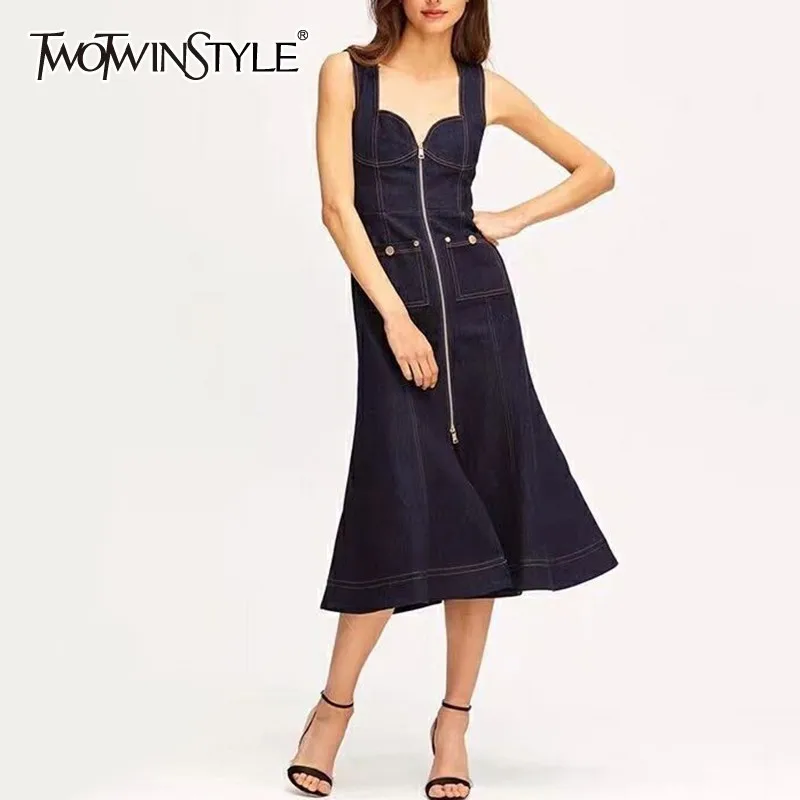 

TWOTWINSTYLE Off Shoulder Sleeveless Women Dress High Waist V Neck Zipper Denim Maxi Female Dresses Casual Spring 2019 Fashion