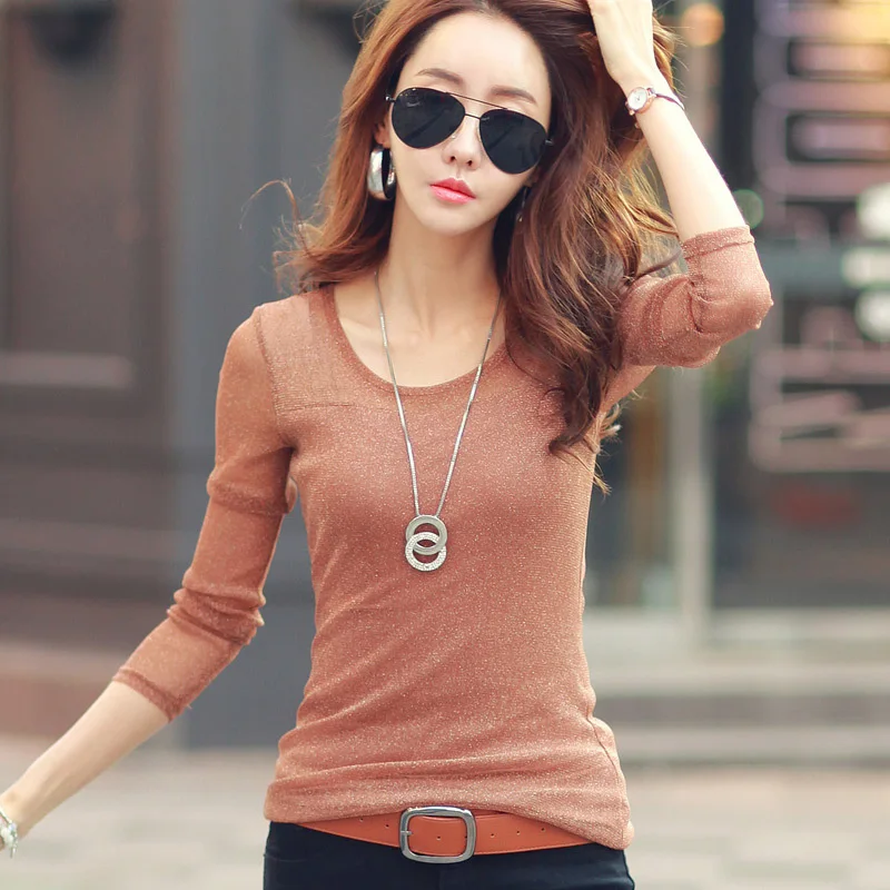 

Korea model real shot 2019 spring new mesh bright silk sexy slim slim long-sleeved T-shirt women's outer wear bottoming shirt