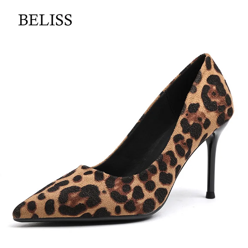 

BELISS 2019 Fashion Faux Suede Women Pumps Leopard High Thin Heel Sexy Women Pumps Pointed Toe Female Party Shoes Slip-on X22