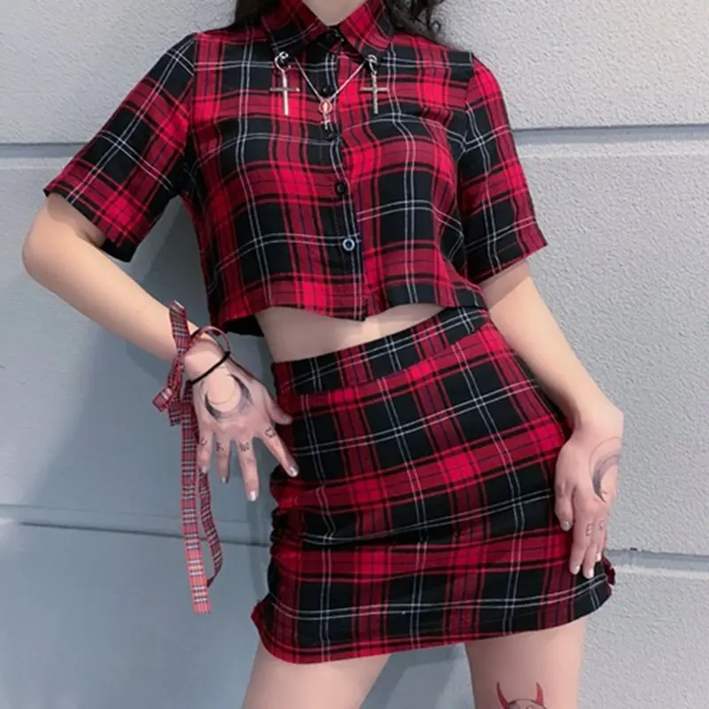 Harajuku мода плед 2 шт. наборы для ухода за кожей 2019 для женщин уличная Укороченная рубашка мини юбка школы Винтаж повседневное Готический