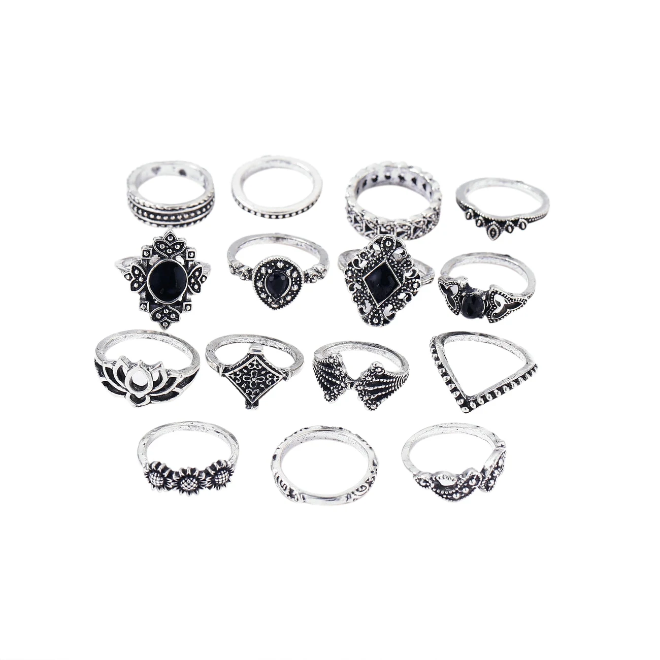 

15 Pieces / Set Of Bohemian Retro Crystal Mosaic Openwork Lotus Rhinestone Silver Ring Set Female Wedding Anniversary Gift