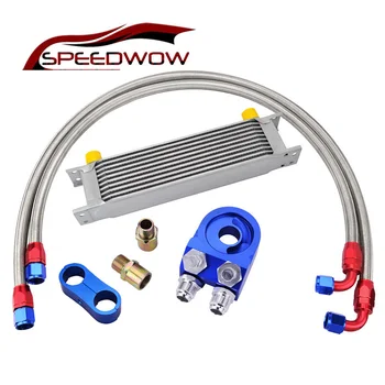 Speedwow 10Row AN10エンジンフィルタークーラープレートサンドイッチオイルクーラーアダプタキットステンレス鋼編組スイベルホース