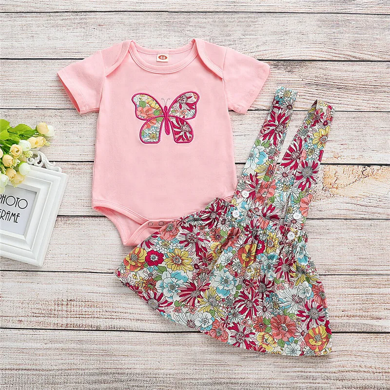 

Newborn Baby Girls Clothes Flower print strap Button Skirts round neck short sleeve Geometry Bodysuit 2Pc kids Toddler Outfits