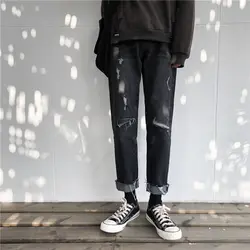2019 Весна уличная корейский Повседневное отверстия классические джинсы мешковатые Homme Для мужчин одноцветное Цвет Молодежные совместные