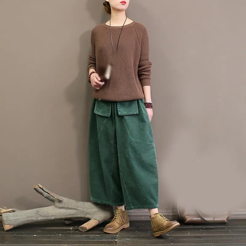 

2019 Spring New Women Wide Leg Pants Casual Elastic Waist Pockets Corduroy Pants Solid Color Soft Vintage Trouser