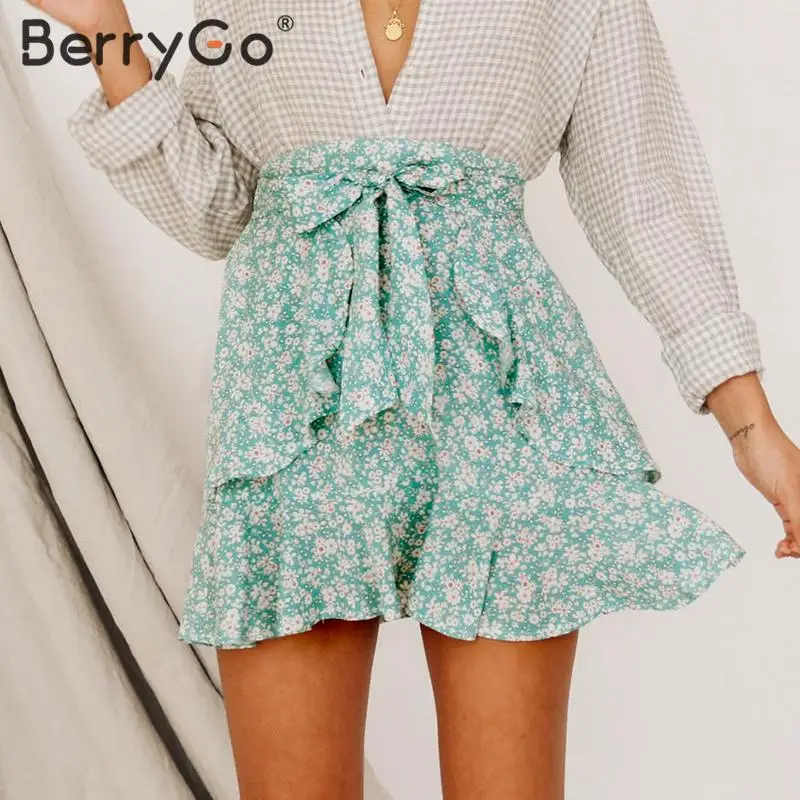 

BerryGo Summer women skirts floral print mini skirt Sweet green lace up short skirts High waist boho beach skirt 2019