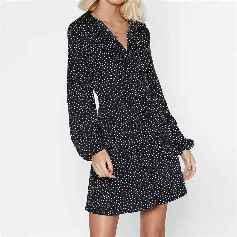 

2019 Summer Dress Women Polka Dot Beach Chiffon Mini Dresses Casual Long Sleeve A-Line Sexy Short Party Dress Vintage Vestidos