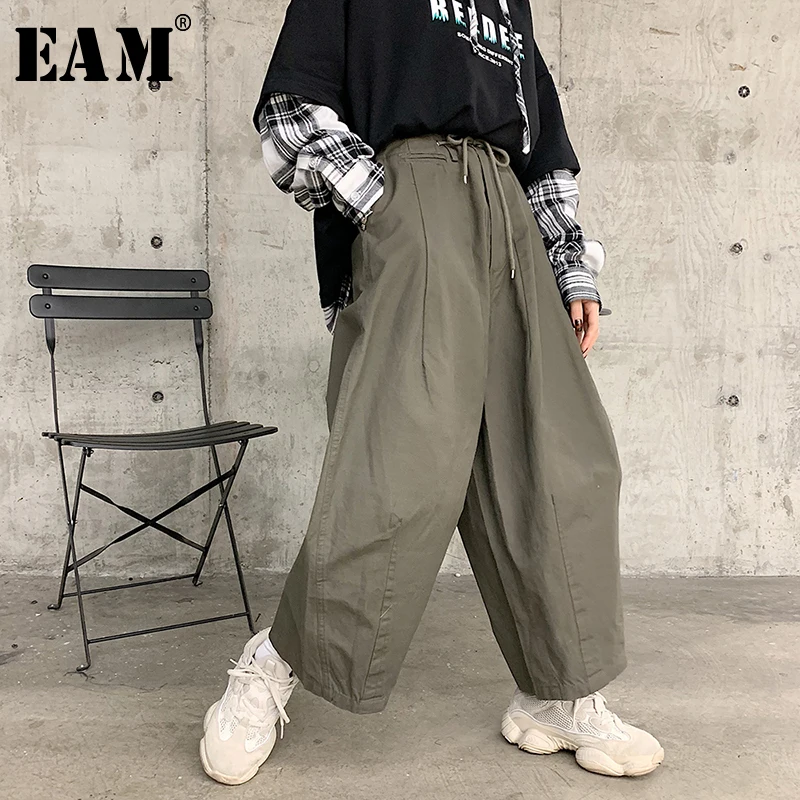 

[EAM] 2019 New Autumn Winter High Elastic Waist Loose Big Pocket Splitj Oint Loose Wide Leg Pants Women Trousers Fashion JQ110