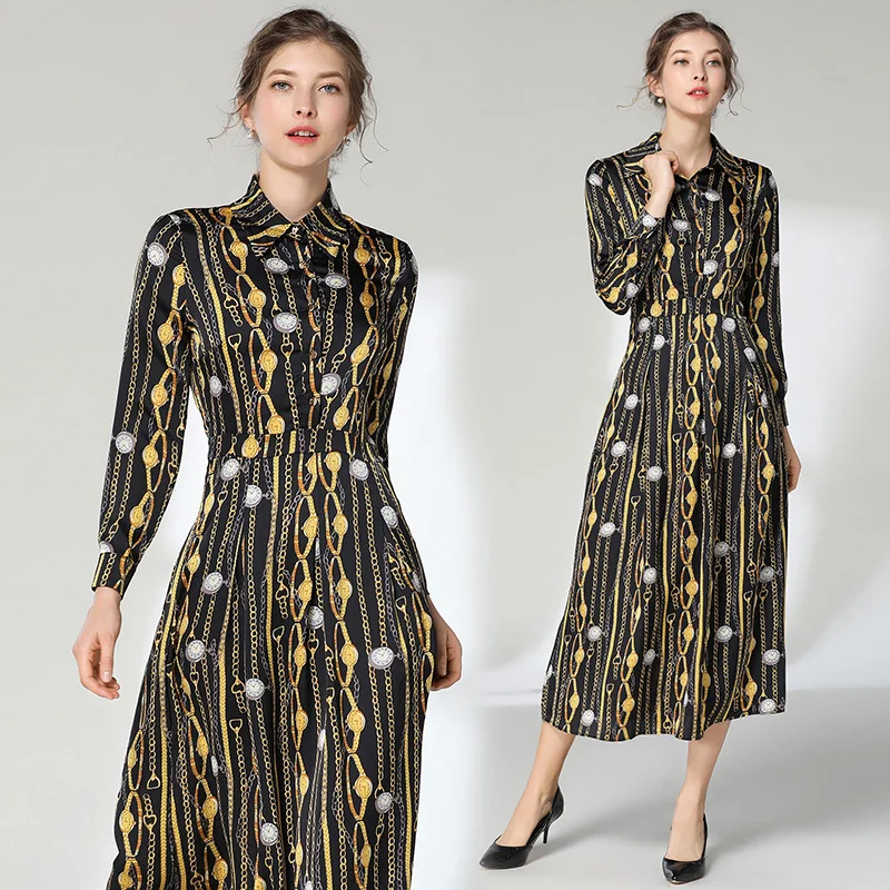 2019 chain print Runway Maxi Dress Women's Long Sleeve shirt dress Elegant Print maxi Long Dress