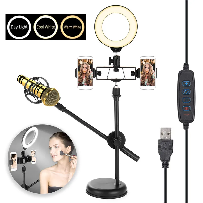 

3 colors LED Ring Lamp 16cm Dimmable Light Stand Kit Phone Photo Selfie Video Makeup Live Photographic 69cm Tripod Phone Holder