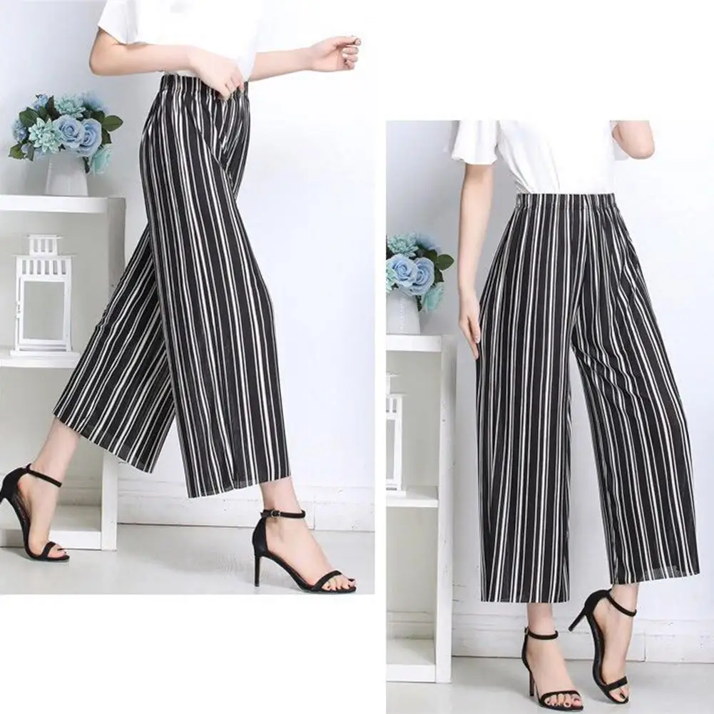 

Women Summer Wide Leg Pants Casual Loose High Elastic Waist Harem Pants Plaid Striped High Elastic Trousers Korean Style