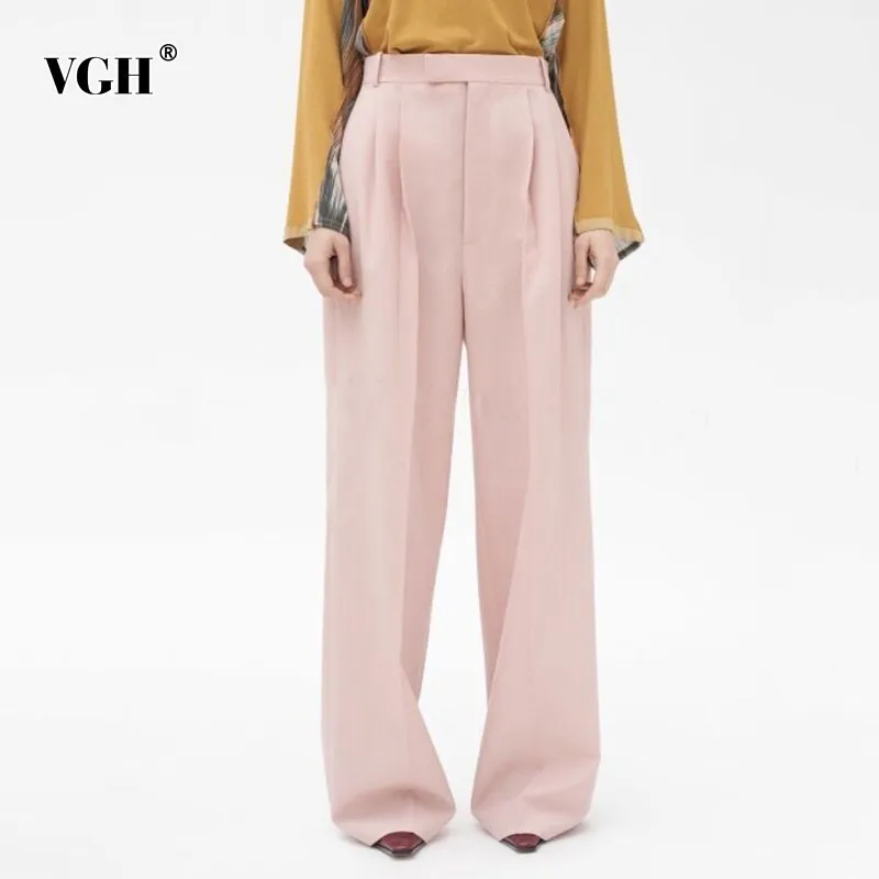 

VGH Spring Casual Loose Women Pants Button Zipper Pockets Oversized Pleated Front Wide Leg Pants Fashion New Tide 2019 Wild