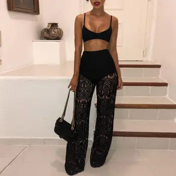 

Women Sexy High Waist Hollow Out Lace Sheer Pants Summer Beach loose Flare Long Romper Trousers New Solid Lace Pants