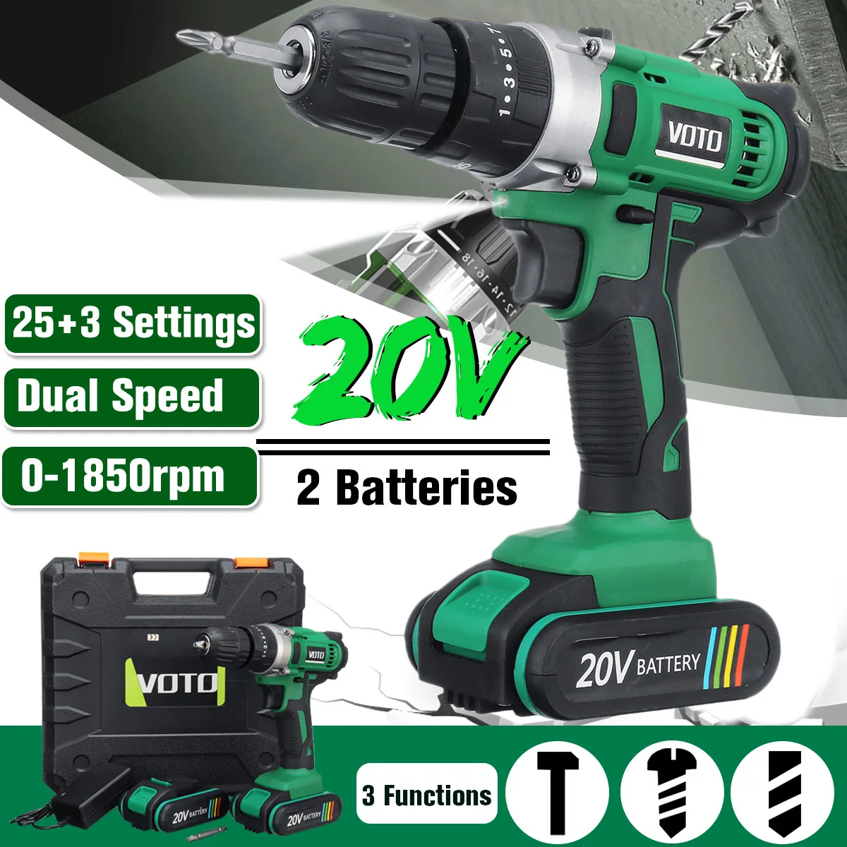 

NEW Electric Screwdriver Cordless Drill Impact Drill Power Driver 20V Max DC Lithium-Ion Battery 1850R/Min 2-Speed