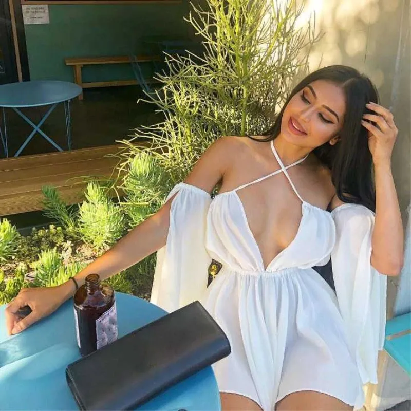 Sexy Off Shoulder Deep V-Neck Beach Junmpsuit Women High Waist Jumpsuit Rompers White Backless Playsuit Overalls