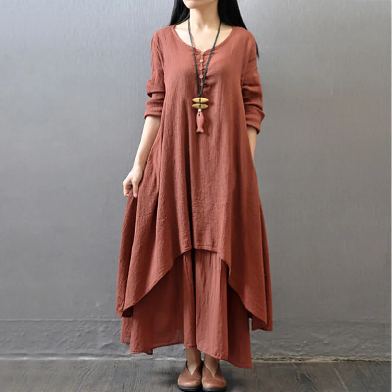 

Fashion Spring Fall Women Vintage Cotton Linen Long Sleeve Tunic Baggy Double Layers Loose Dress Plus Size 4colors