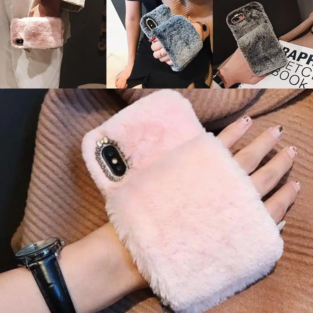 Soft TPU Rhinestone Faux Fur Phone Case Back Easy install and take off. Anywhere You Need Cover For iPhone |