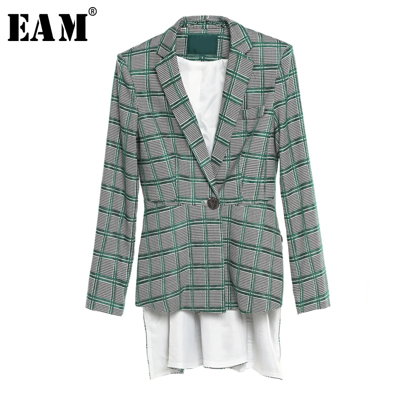 

[EAM] 2019 New Autumn Winter Lapel Long Sleeve Green Plaid Printed Loose Hem Irregular Stitch Jacket Women Coat Fashion JQ212