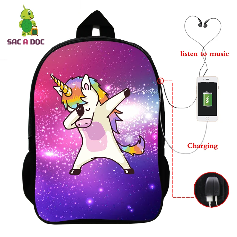يونيكورن على ظهره Mochila Unicornio محمول على ظهره مراهقون النساء الرجال عارضة الظهر غالاكسي اللمس المدرسة حقائب السفر USB تهمة