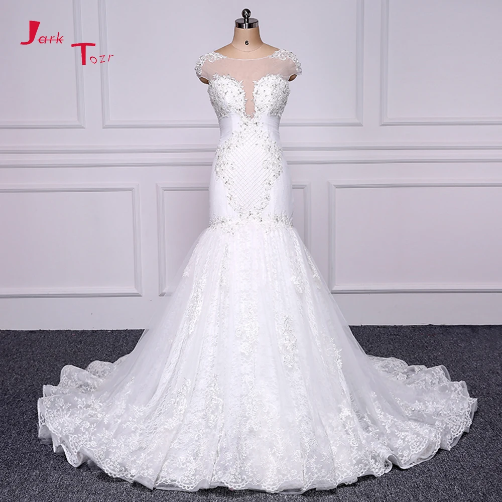 

Jark Tozr 100% Real Picture Wedding Dresses 2019 Lace Up Customize Tulle Lace Crystal Mermaid Bridal Gowns Vestido De Noiva