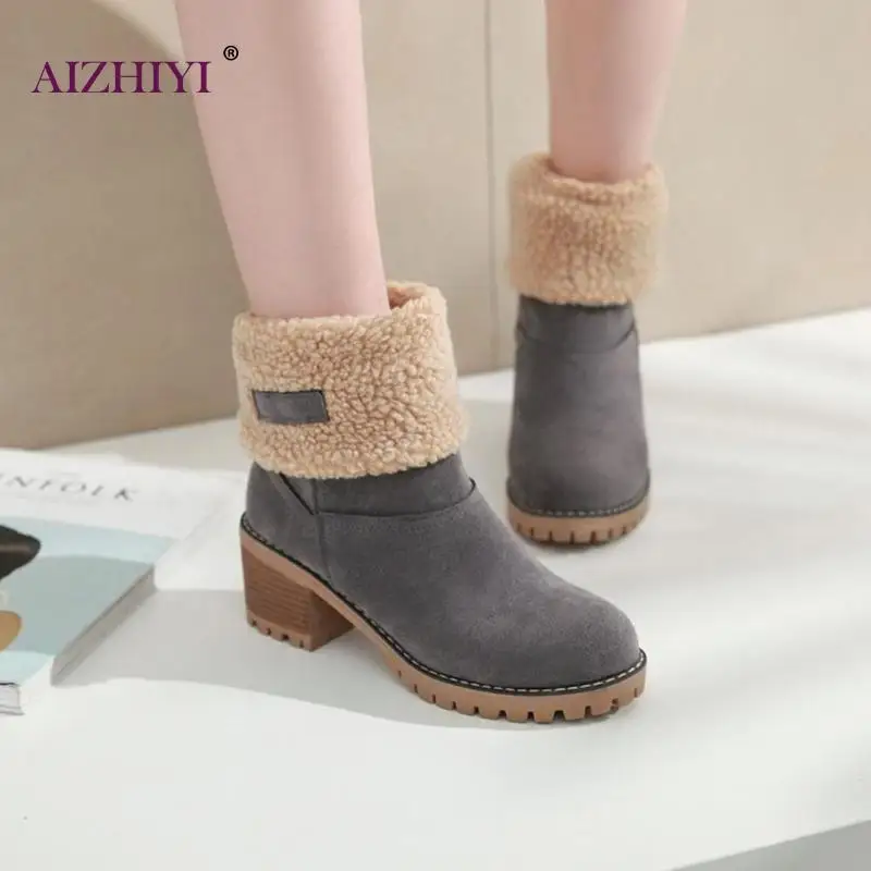 

Womens Snow Boots Warm Winter keep Warm Faux Fur Suede Shoes Square Heels Ankle Boot Thick heel with round head short boot