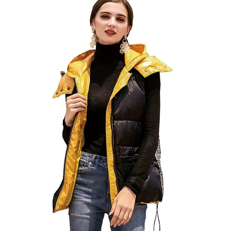 Nouveau D'hiver Hj70 2019 La Femelle Capuche Manteau Personnalité Le Gilet Mode Noir Jaune Veste Doublure De Mince À Bas Sequin Poche Vers Black Femmes Fw7HxAq
