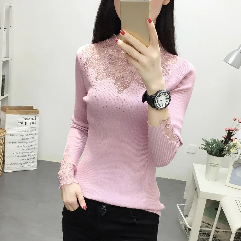 Autumn Winter Fashion Women Lace Sweater Elegant Female Half Turtleneck Slim Long Sleeve Knitted Pullovers Tight Sweater