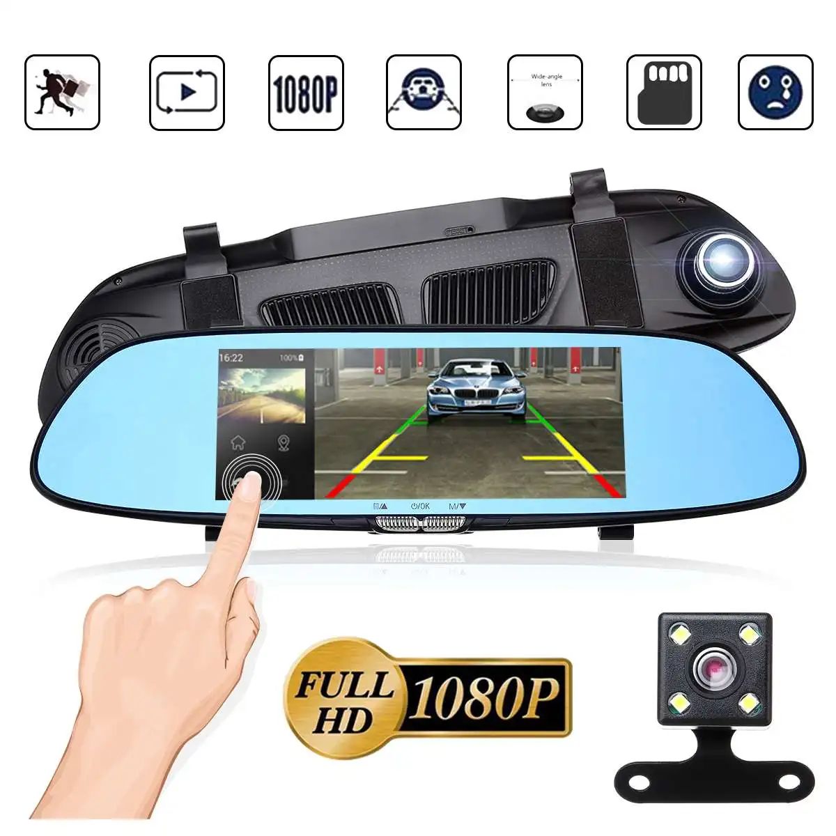 

FHD 1080P 7Inch Car DVR Dual Lens Rear View Mirror Dash Reversing Camera 170 Degree Touchable Dash Camera Digital Video Recorde