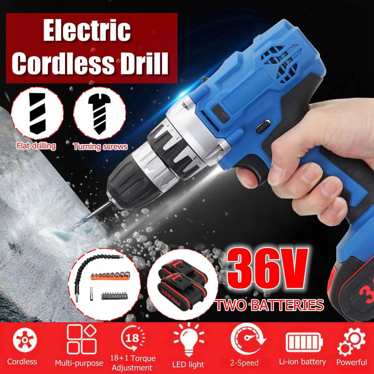 

36V Cordless Drill Double Speed 18+1 Torque Adjustment Electric Screwdriver Power Drills W/ 1/2 Li-Ion Battery Accessories