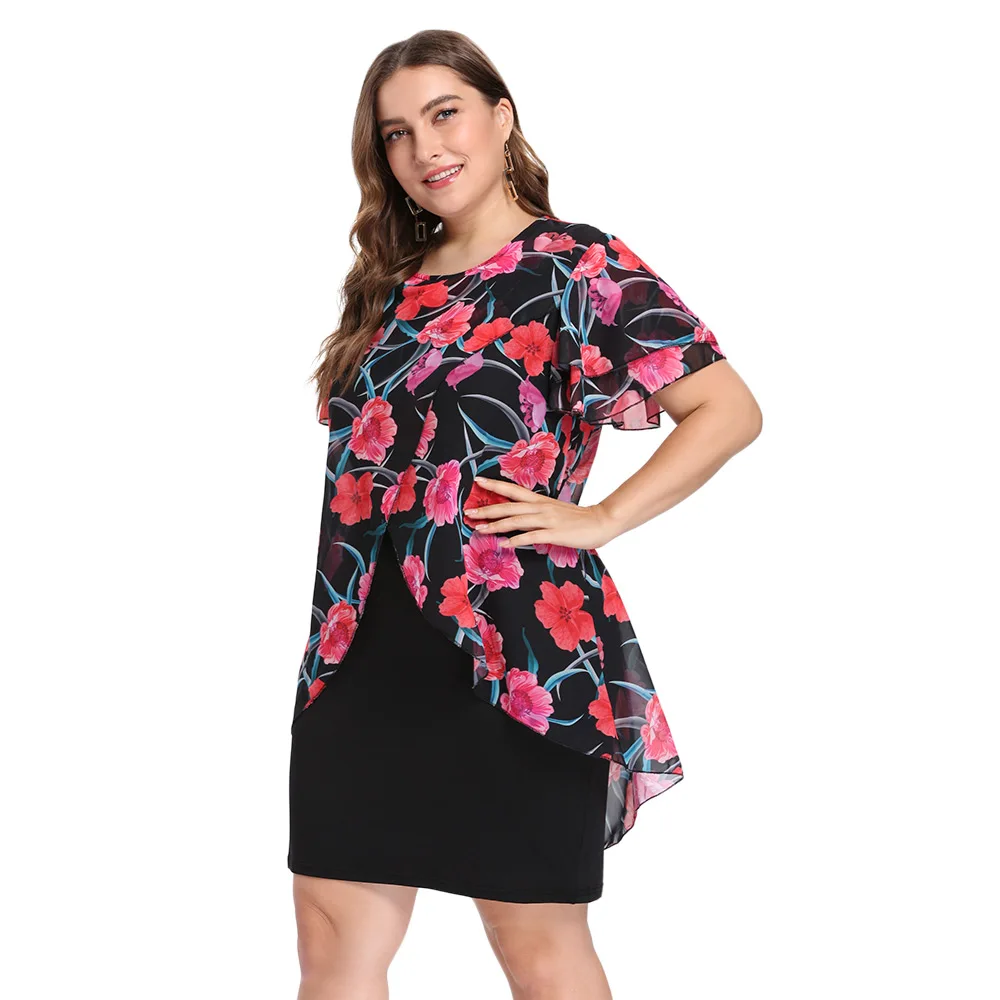 

Rosegal Layered Chiffon Dress Party Mini Bodycon Dress Plus Size Women Short Sleeve Flower Floral Dress Female Vestido On Sale