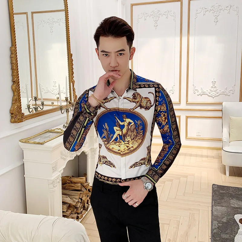 الذهب ليوبارد طباعة قميص الرجال Camisa الغمد طويل كم أربعة صالح سليم عارضة قمصان الصيف العلامة التجارية جديد رجل نادي الاجتماعية أعلى