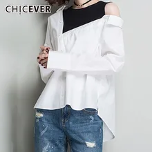 Chicever мода плед Топ женский сексуальный длинным рукавом и открытыми плечами Для женщин рубашка в стиле пэчворк в полоску Топы корректирующие Повседневная одежда больших размеров