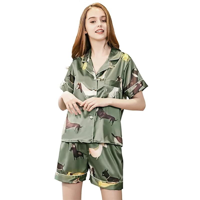 

2019 Womens Pajamas Satin Animals Print Women Sleepwear Tops+Shorts Two Piece Sets Casual Pyjama Silk Female
