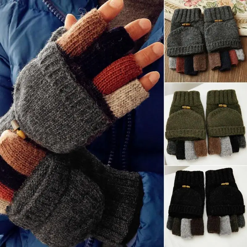 

1 Pair Thickened Men Gloves Winter Keep Warm Half Finger Flip Knitted Artificial wool Male Snowboarding Gloves #1107