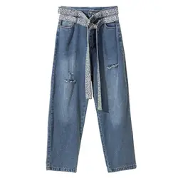 TVVOVVIN Весна Diamond лоскутное Для женщин джинсы Высокая Талия рваные пояса большой Размеры штаны 2019 Мода Повседневное AS922
